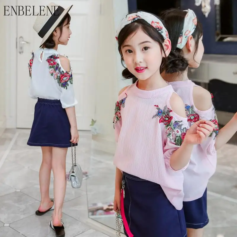 Summer Children Denim Skirt set pink white Chiffon Embroidered off the ...