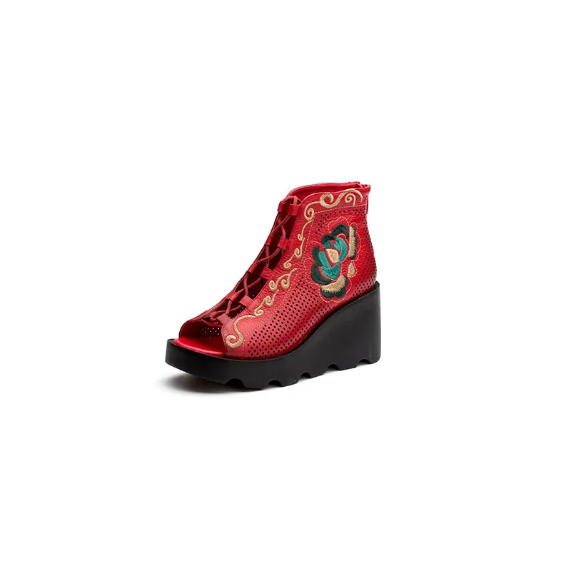 

summer national style leather ladies' sandals, muffins, thick bottom embroidered boots, high heels, lace holes, women's shoes.