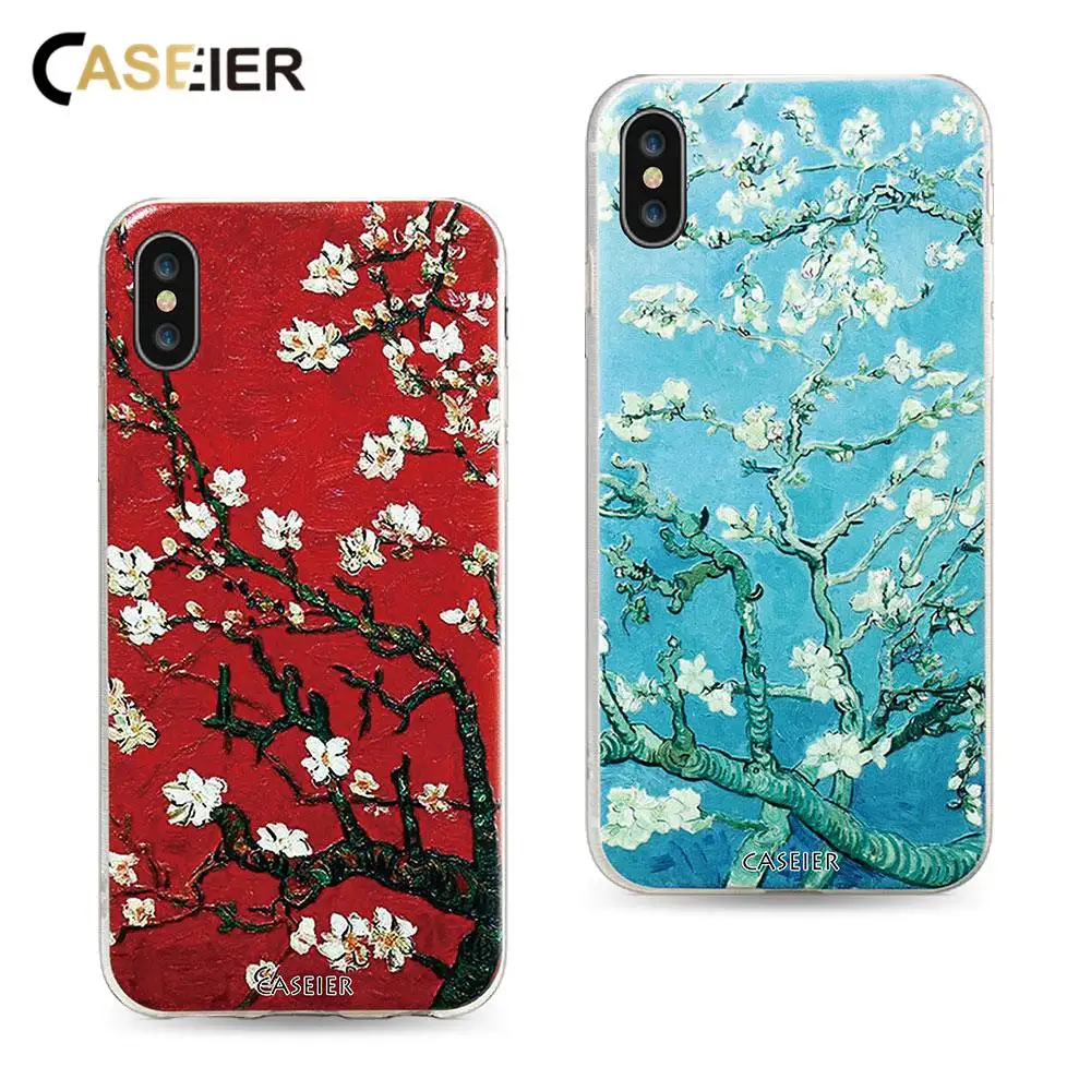 

CASEIER Patterned Phone Cases For iPhone X Soft Silicone TPU 3D Relief Covers For iPhone X 10 Almond Blossom Funda Capinha Shell