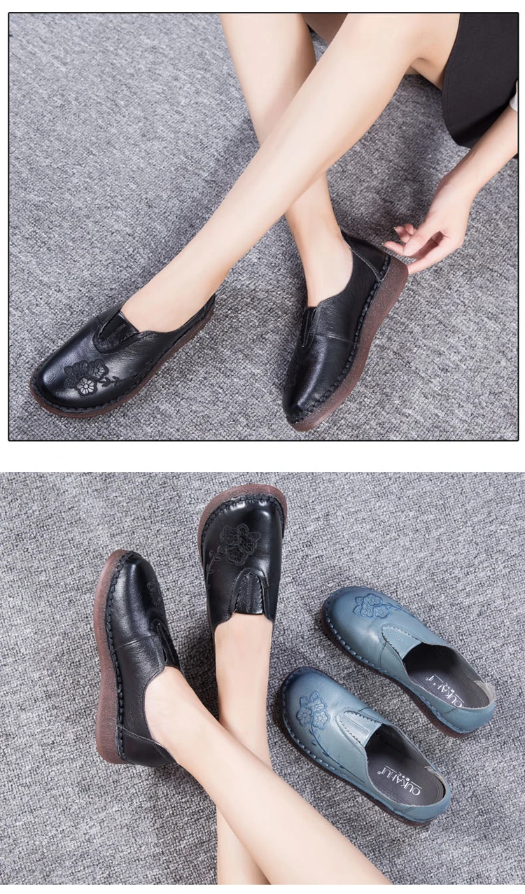 OUKAHUI/Осенняя женская обувь ручной работы из натуральной кожи на плоской подошве с вышивкой; весенние элегантные лоферы на низком каблуке; женская повседневная обувь