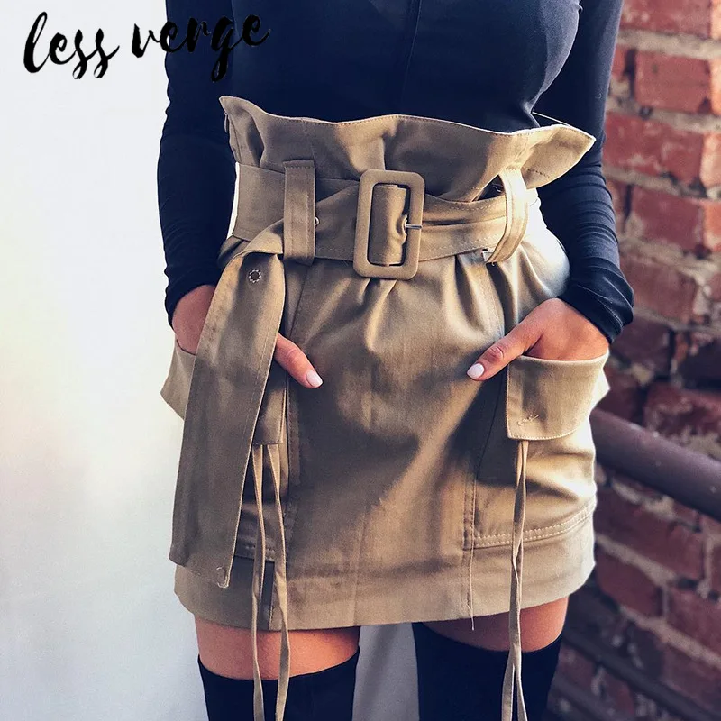 

Lessverge Ruffle casual office high waist skirt Women work elegant bandage brown skirt Female mini pocket paper bag skirt bottom