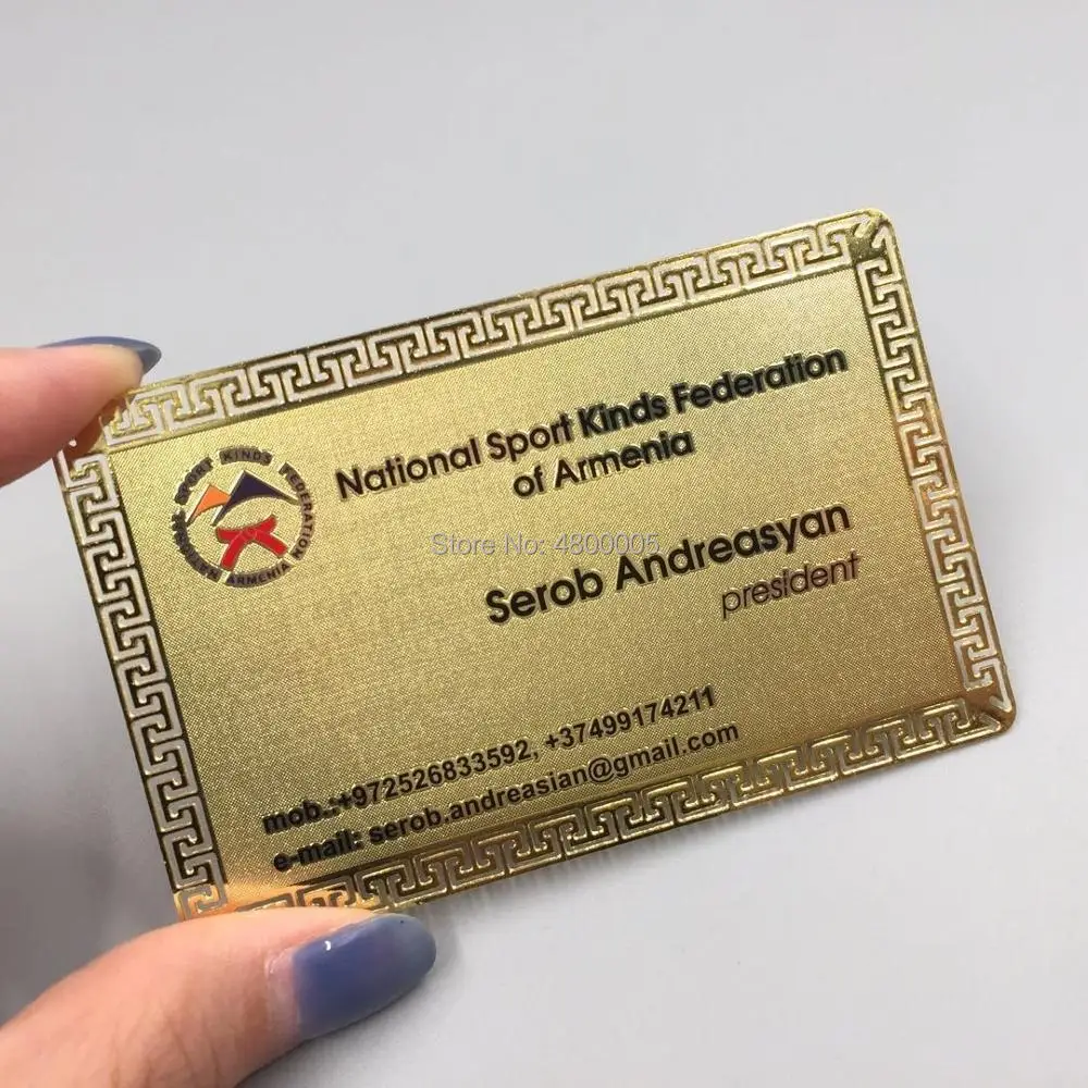 Best gold frosted surface effect one side color printing special outline gold metal business cards