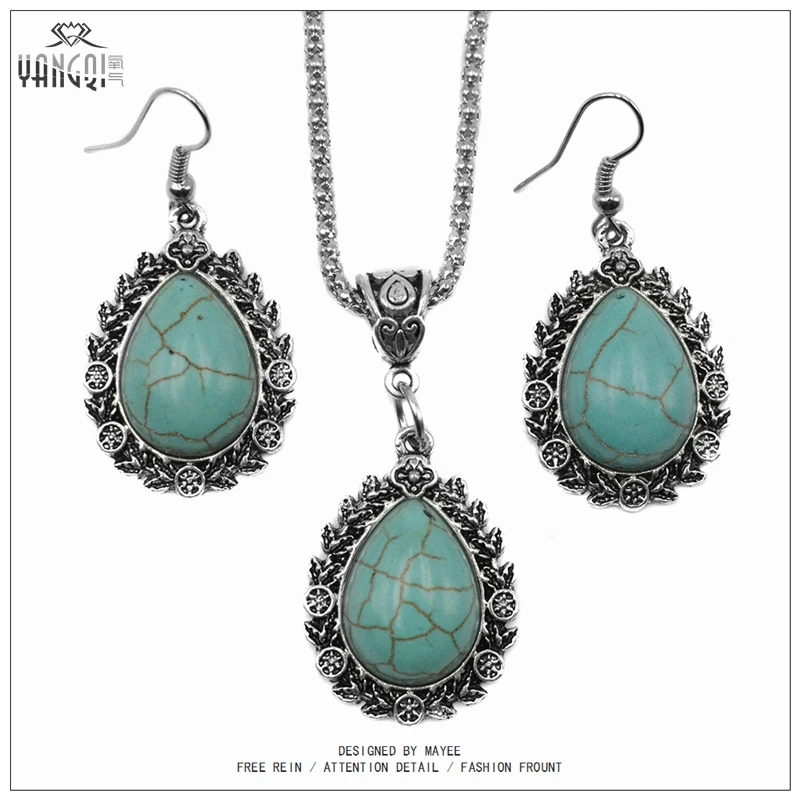 

3pcs/set Vintage Silver Green Stone Jewelry Set Water Drop Stone Necklaces Earrings Set Bohemia Ethnic Statement Jewlery Sets