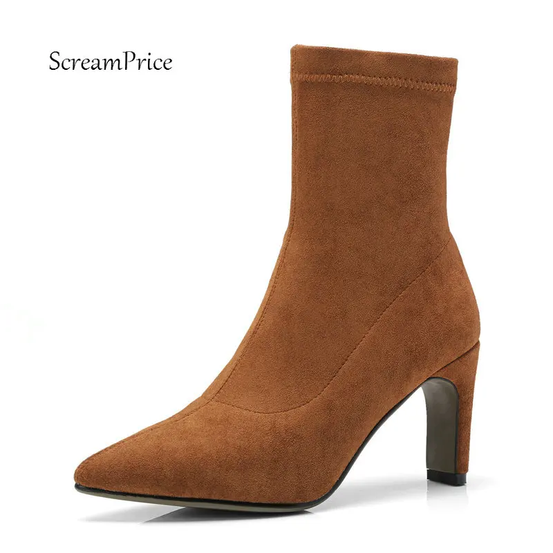 Ladies Suede Square Heel Ankle Boots Fashion Slip On Pointed Toe Fall Winter Women Bootie Gray Black Brown Ladies Suede Square Heel Ankle Boots Fashion Slip On Pointed Toe Fall Winter Women Bootie Gray Black Brown