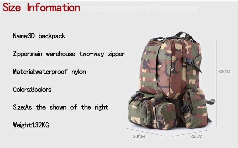 55L Multifunction Sport Bag Molle Tactical Bag Water Resistant Camouflage Backpack for Outdoor Climbing Hiking Camping