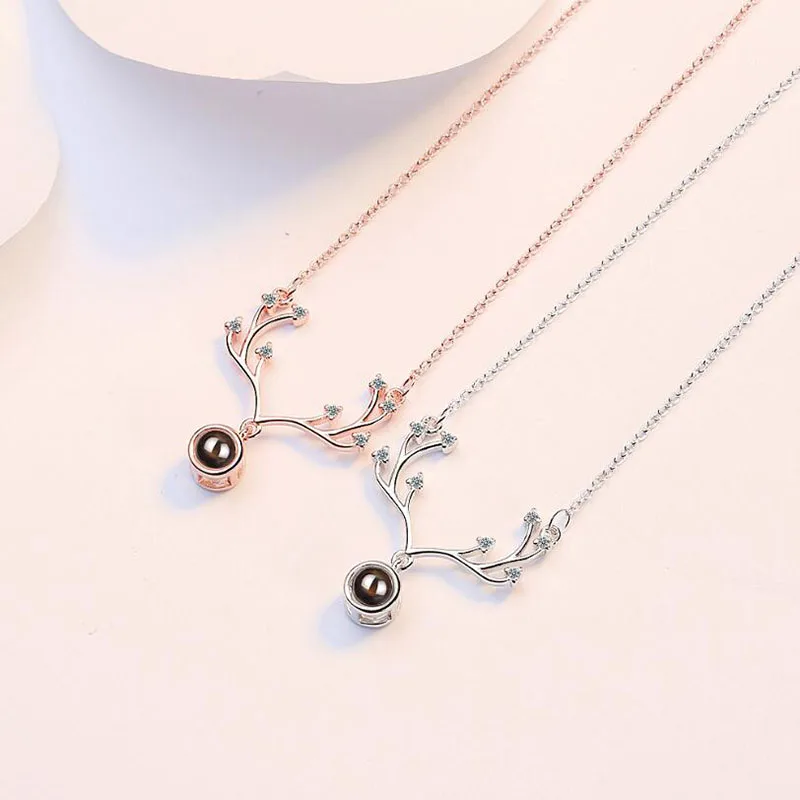 

Romantic Memory 100 languages I love you Projection Rose Gold Pendant 925 Silver Fawn Necklace Fashion Valentine's Day Presents