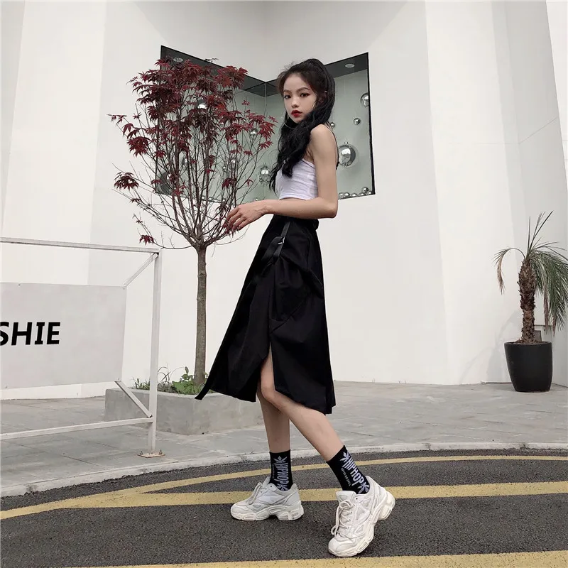 Длинная юбка-карго миди с пряжкой и ленточным карманом, высокая талия, Харадзюку, уличная Корейская женская панк Повседневная Свободная Готическая летняя юбка в стиле хип-хоп