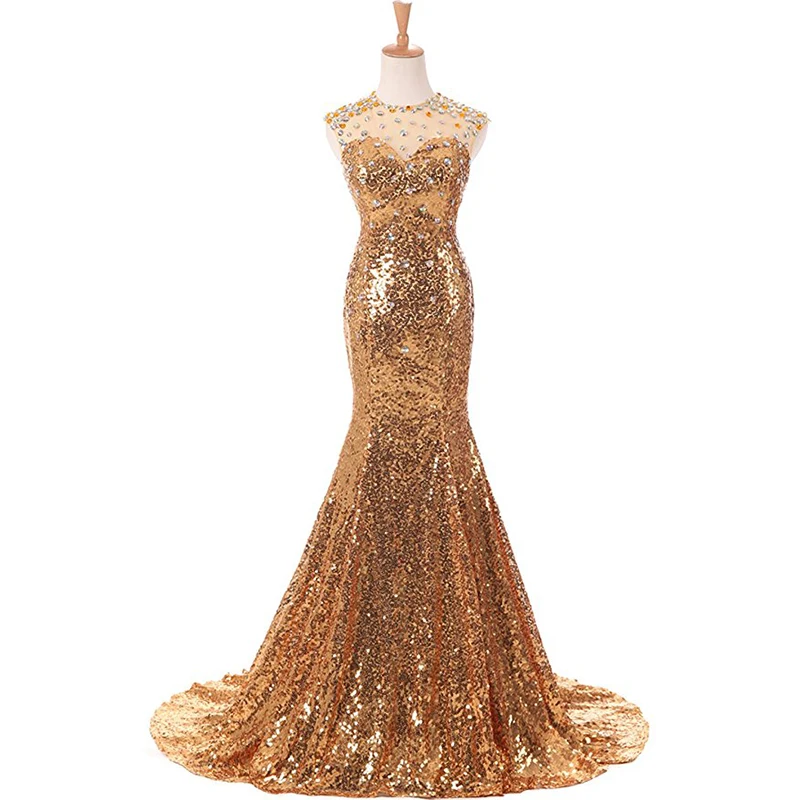 

Gold Sequins Prom Dresses O-neck Diamonds Top Sleeveless 2019 Long Formal Party Dresses Mermaid Style vestidos de fiesta Longo