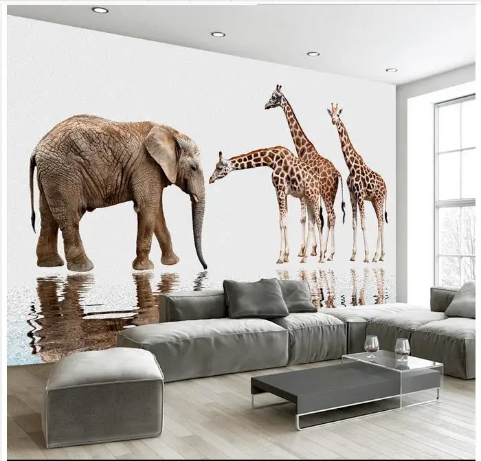 

Custom High-end mural 3d wallpaper murals wall paper Elephant Giraffe Oil Painting Style Reflection Background Wall room decor