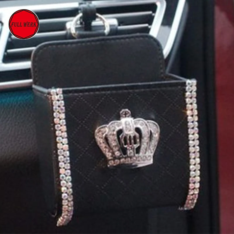 

Car Styling Crown Crystal Leather Car Outlet Air Vent Trash Box Mobile Phone Holder Storage Bag Pouch Car Accessories