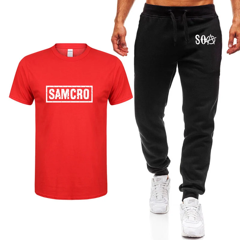 Лидер продаж, костюм для косплея мужской футболки с принтом «соа», «Сыновья анархия», «SAMCRO», «Череп», высокое качество, хлопковые футболки с коротким рукавом+ штаны, костюм