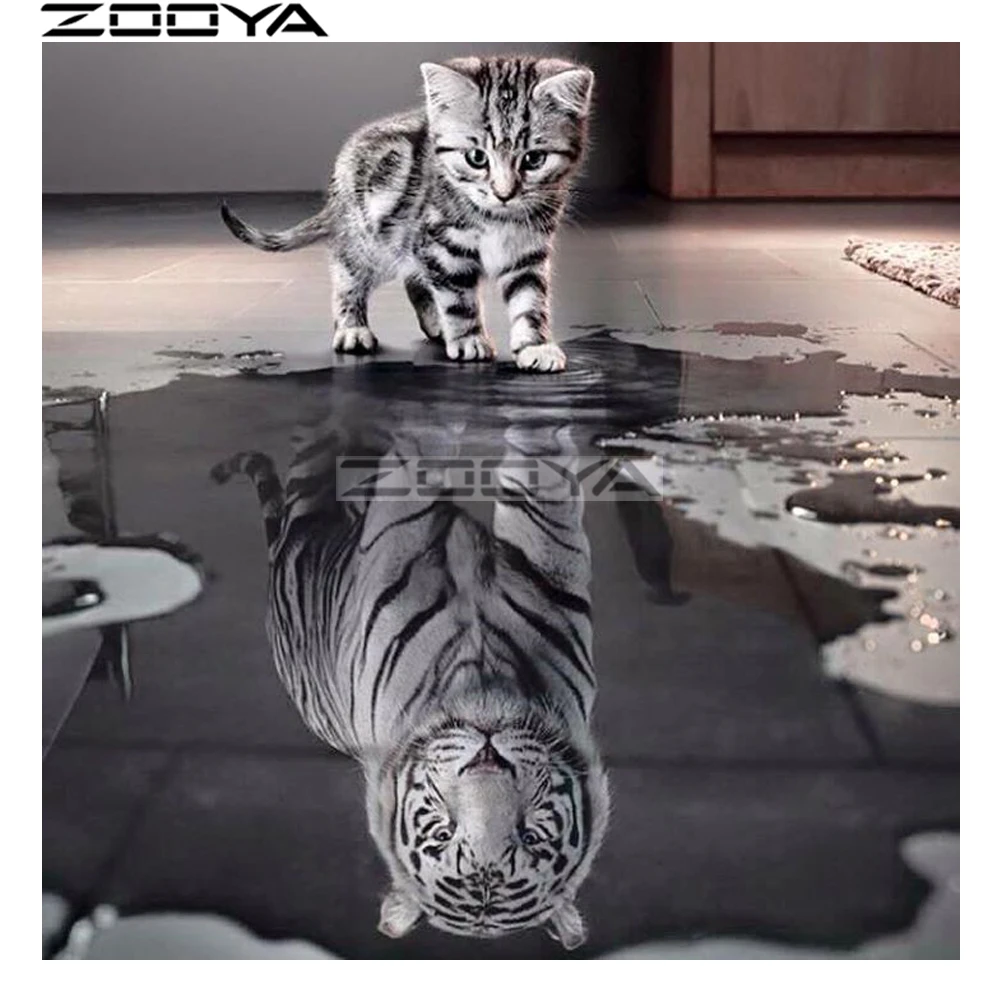 ZOOYA Круглый Алмаз настенная наклейка алмазная вышивка кот отражает тигра стразы
