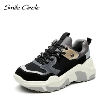 

Smile Circle Women Chunky Sneaker Suede leather Lace-up Thick bottom Flat Platform Shoes For Women 2018 Autumn Wedges Sneaker