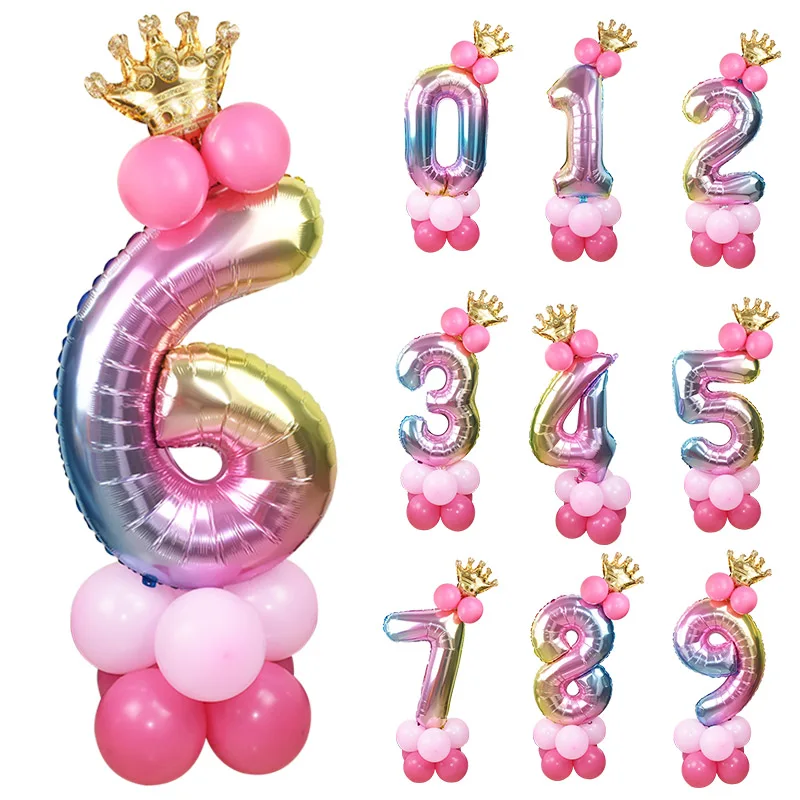 32 дюймов Радужный цветной шар с цифрами, цифровой фольгированный шар, корона, украшение для дня рождения, для детей, для мальчиков и девочек, товары для дня рождения, Globos
