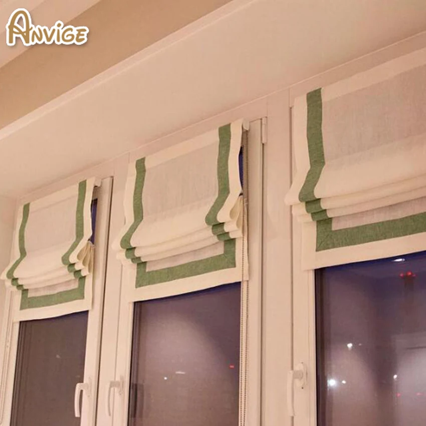 

Motorized White Color With Green Striped Blackout/Light Filtering Curtain Roman Blinds Roman Shades Customized