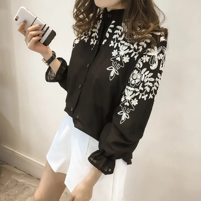 Корейская блузка с вышивкой, рубашка, новинка, длинный рукав, хлопок, бельевые женские блузки, белые рубашки, Осенние, размера плюс, 5XL, Рубашки, Топы - Цвет: LLYS8069black