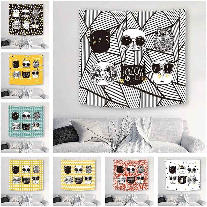 

Cartoon Tapestry Wall Hanging Black White Cat Psychedelic Tapestry Bohomian Geometric Wall Carpet Tablecloth Blanket Picnic Mat
