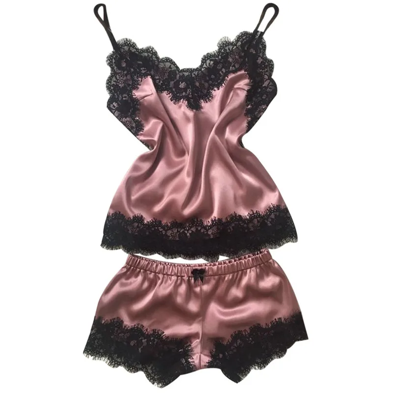 

Women's Sleepwear Sexy Satin Pajama Set Black Lace V-Neck Pyjamas Sleeveless Cute Cami Top and Shorts Pijama Mujer Algodon Veran