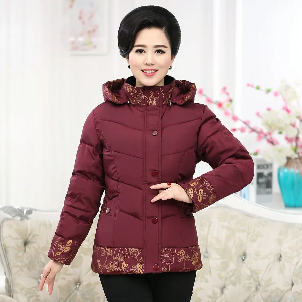 Middle Aged Women Winter Hooded Parkas Red Green Purple Flower Quilted Basic Coat Female Puffer Hood Jacket Mother Outerwear 4XL