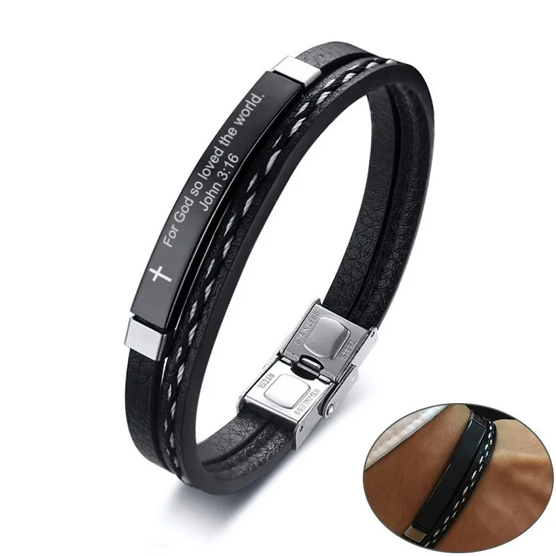 

Faith Bible Verse Quotes Bracelets for Men Multi-Layer Leather Custom Stainless Steel ID Tag Casual Christ Cross Male pulsera