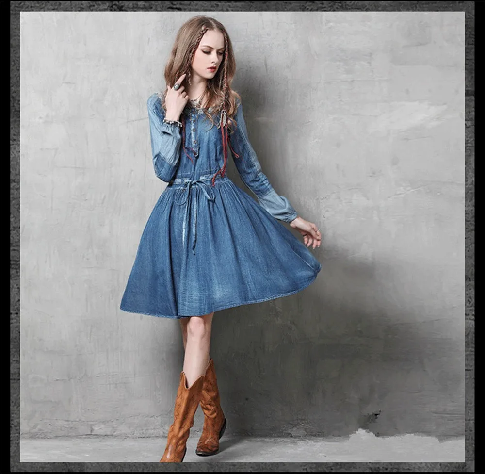 Vintage Cotton Women Dress Women's Cowgirl Embroidery Dress Long Puff Sleeve Dresses Drawstring Waist Cotton Vestidos Femininos (7)