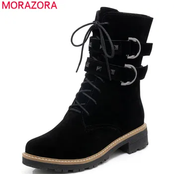 

MORAZORA 2020 wholesale winter snow boots zip +lace up ankle boots for women round toe comfortable square heels punk shoes woman