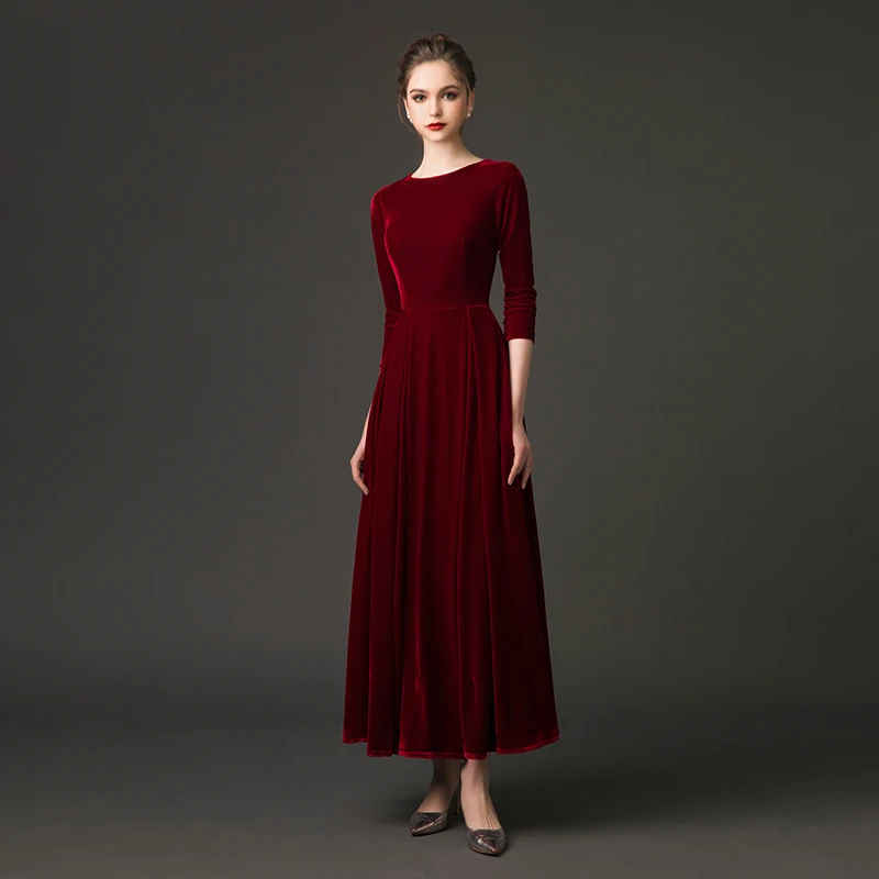 Винтажное велюровое Бордовое платье до щиколотки с глубоким вырезом Vestidos De Festa