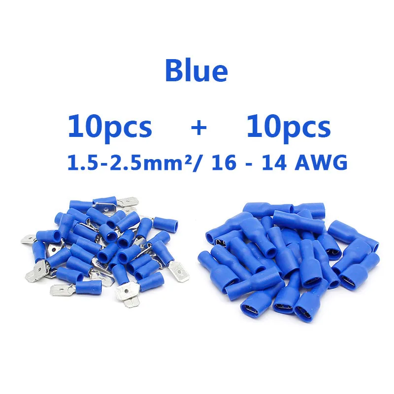 6.3mm 22-16 16-14 12-10AWG Female Male Electrical Wiring Connector Insulated Crimp Terminal Spade FDFD MDD1.25-250 2.5-250 5-250 - Цвет: 20pcs 10sets blue