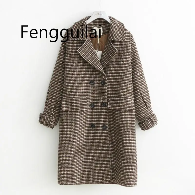 

Winter Houndstooth Plaid Overcoat Women Mid-Long Korean 2019 New WOOL JACKET Ladies Autumn Winter Double Breasted Woollen Coat