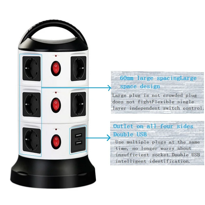 Вертикальный башенного типа Мощность полосы защита от перегрузки мульти-розетки 3/7/11 розетки ЕС AC 2USB Порты пролонгации гнезда штепсельная вилка европейского стандарта