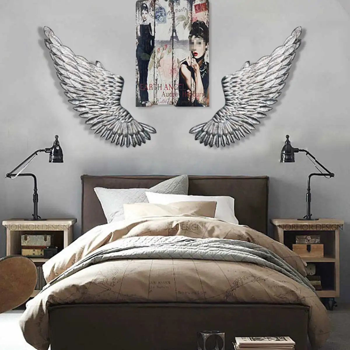  Ancient Wall Decoration Metal Silver Angel Wings Bar Coffee Shop Wall Decoration Home Bedroom Livin - 4000312099571