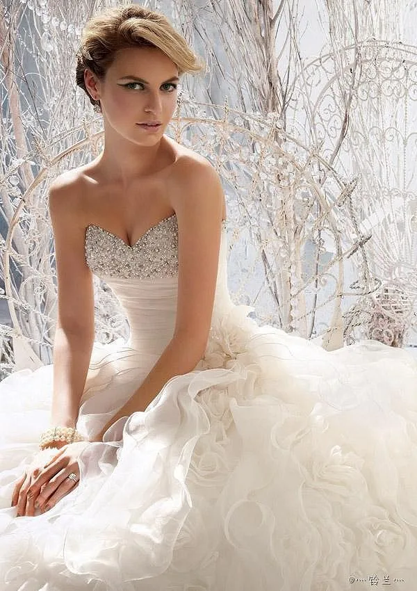 2014 New Custom Made Ivory/White Satin Organza Ruffles Pleat Pearls Beading Strapless A-Line Wedding Dress Bridal Gown | Свадьбы и