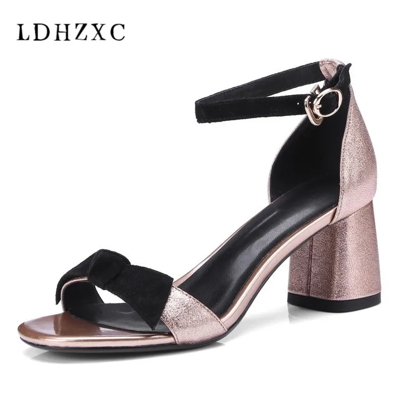 

LDHZXC Shoes sandals 2018 big size 42 10 Genuine Leather Ankle Strap Solid Square High Heels Shoes Woman Casual Summer Sandals