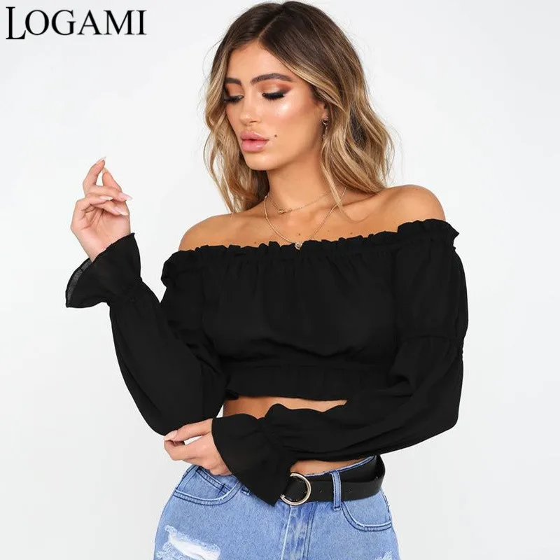 

LOGAMI Off Shoulder Top Women Long Sleeve Ruffles Sexy Chiffon Blouse Womens Crop Tops Black/White