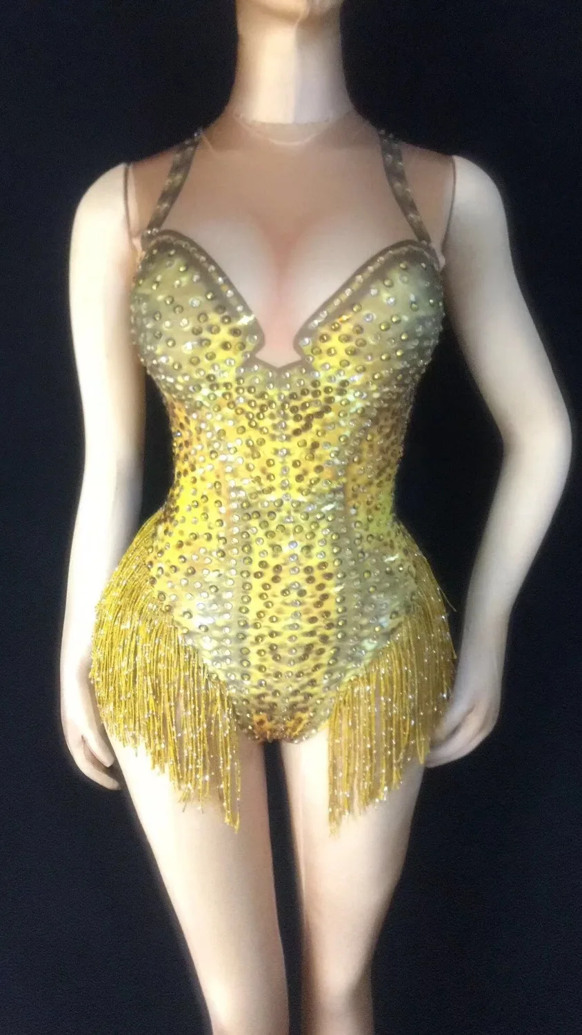 

Sexy Gold Fringe Leotard Nude Spandex One Piece Rhinestones Stage dance costume party favors party Costumes