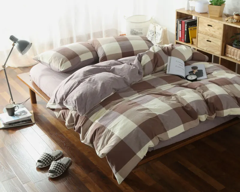 

plaid japan simple style bedding set 100% Yarn Dyed Washed Cotton duvet cover set luxury egyptian cotton bed cover set