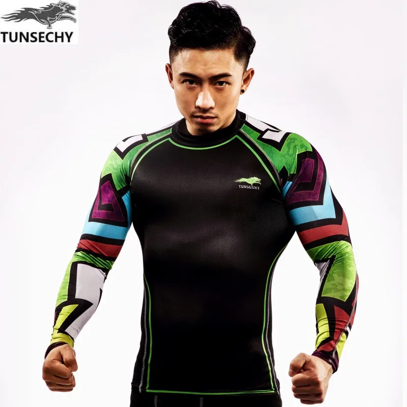 

NEW Muscle Men Compression Tight T-shirt Long Sleeves Double Sides Prints MMA Rashguard Fitness Base Layer Weight Lifting Wear