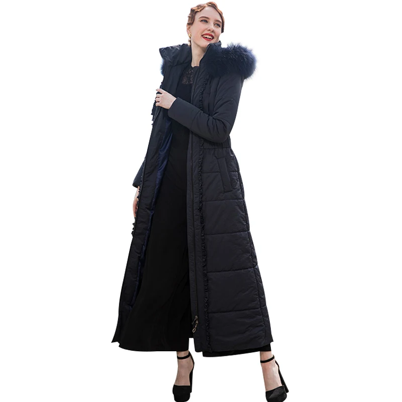 Высококачественная зимняя Длинная женская парка на молнии, темно-синее длинное пальто, теплая верхняя одежда из органической кожи, меховая шапка 9007
