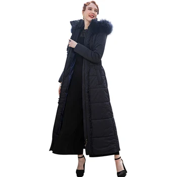 

High Quality Winter Long Parka Women Zipper Navy X Long Coat Warm OL Style Outwear Fur Cap 9007