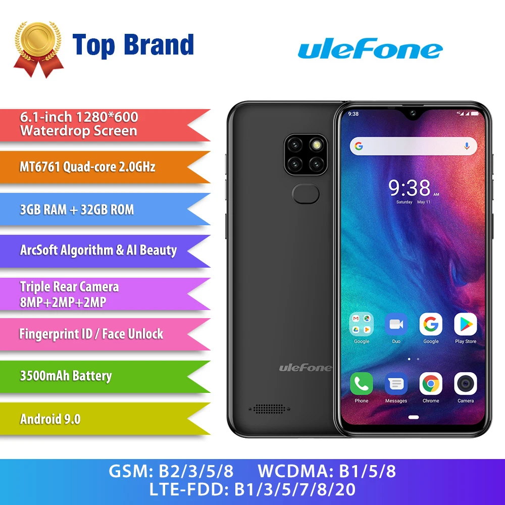 Смартфон Ulefone Note 7 P, Android 9,0, мобильные телефоны, четыре ядра, 3500 мАч, 6,1 дюймов, экран капли воды, 3 Гб+ 32 ГБ, мобильный телефон, разблокировка лица