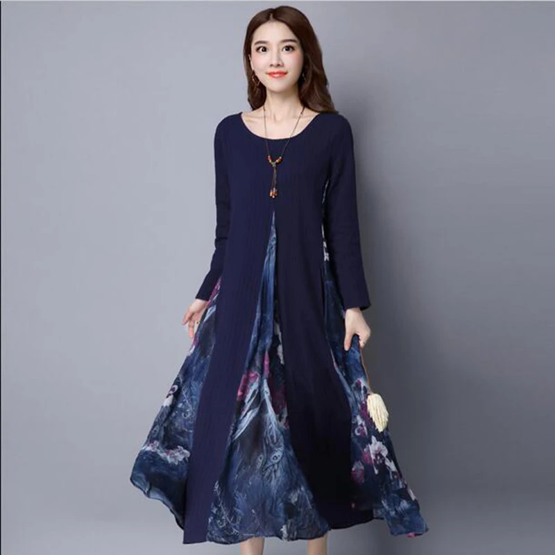 

Vintage Dress Folk Style Cotton Linen Printed Dress Plus Size Long-sleeved O-neck Dress Autumn long Dress Vestidos 2017 New LU20