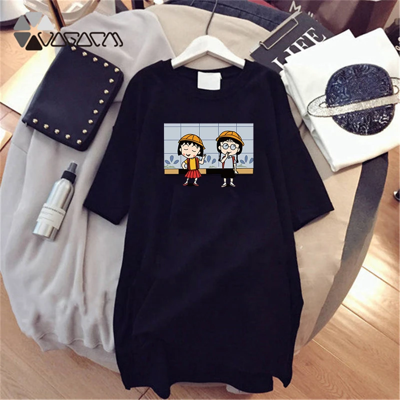 

2019 Summer Women Cartoon Dress Chibi Maruko Short Sleeve Mini Casual Loose White Women Dresses Big Size M-4XL New