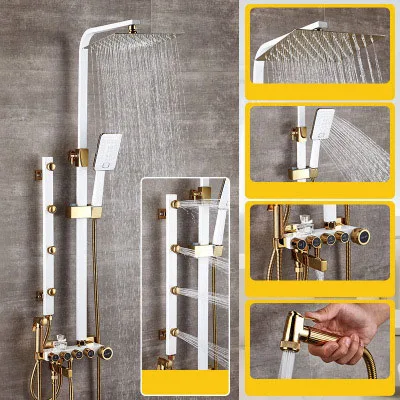 

Black Luxury White Gold Shower Faucet Set 5-Function Switch Wall Mount Rain Shower Head With Hand Shower Bathtub Spout Bidet Tap
