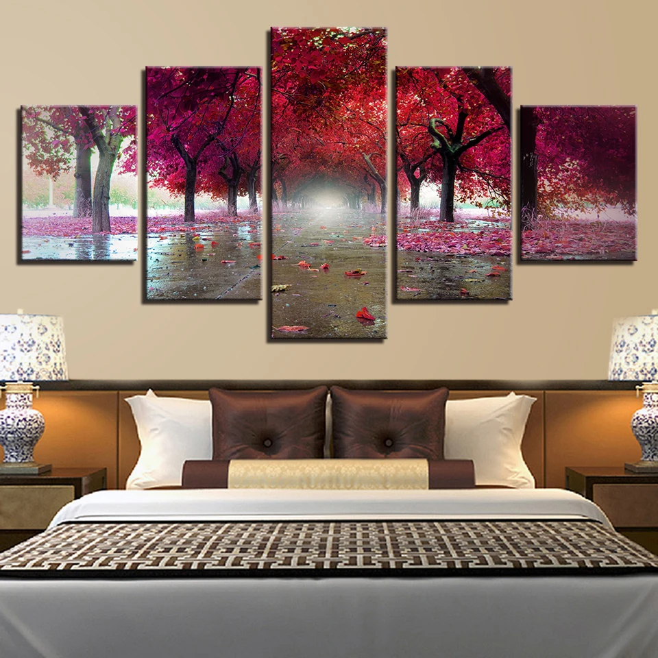 

HD Print Modern Painting Decoration Posters Picture 5 Panel Red Tree Landscape Modular On Canvas Wall Art Home Frame Living Room