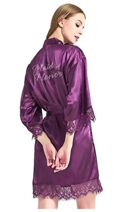 Satin Faux Silk Wedding Bride Bridesmaid Robes,White Bridal Dressing Gown/ Kimono Bathrobes,"BRIDE""BRIDE MAID" Graphic on Back