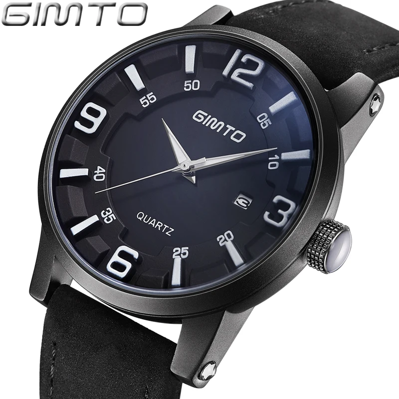 

GIMTO Cool Black Men Sport Watch Top Brand Leather Waterproof Quartz Male Watches Military Casual Calendar Wristwatch Relogio
