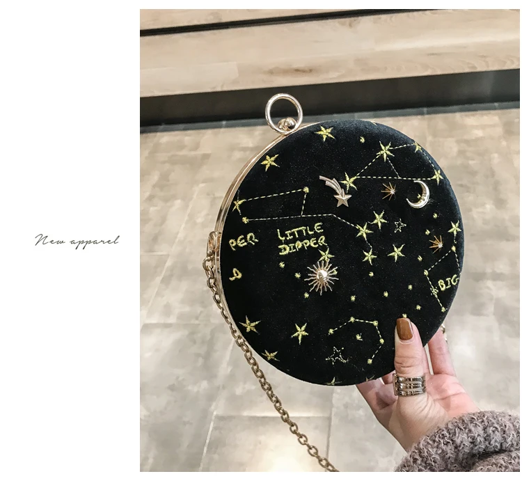 Модная велюровая круглая сумка на плечо с вышивкой в виде звезд, повседневная женская сумочка на цепочке, мини сумка через плечо с клапаном