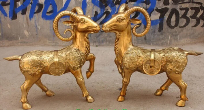 

bi001564 21" Chinese Bronze Wealth Money Sheep Goat Ram Ewe animal Flower Pair Sculpture