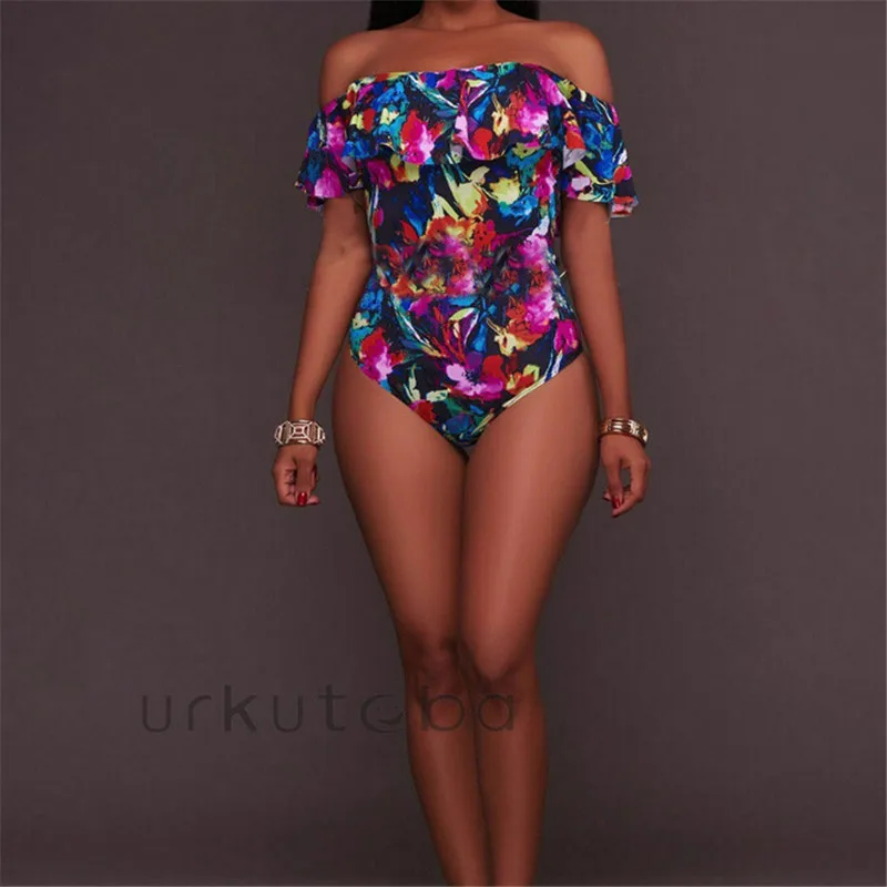 

2019 New Sexy Women Off Shoulder Floral Print Swimwear One Piece Swimsuit Female Bathing Suit Ruffles Monokini Beach Wear XL
