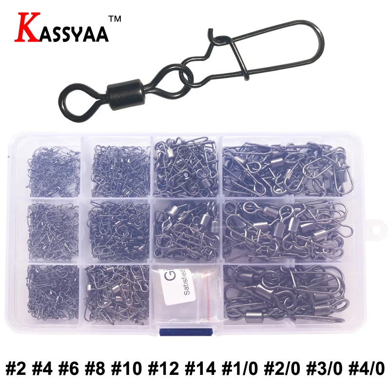 

KASSYAA Fishing Rolling Swivels Connector With Snap Stainless Steel 2 4 6 8 10 12 14 1/0 2/0 3/0 4/0 Fishing Tools 410pcs KXY057